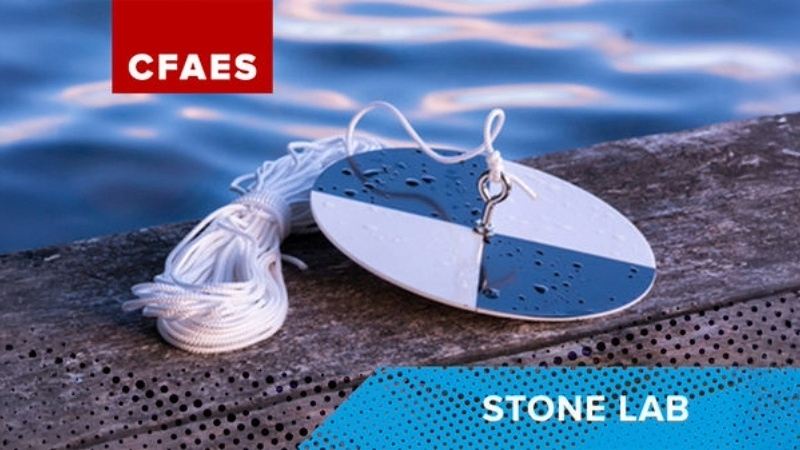 Image of a circle with string attached to it, the circle is split into four sections, two blue and two white, with text on the image reading, "CFAES" and "STONE LAB"