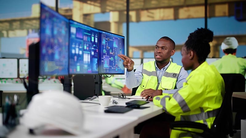 Industrial plant professionals review automated technology on large computer monitors