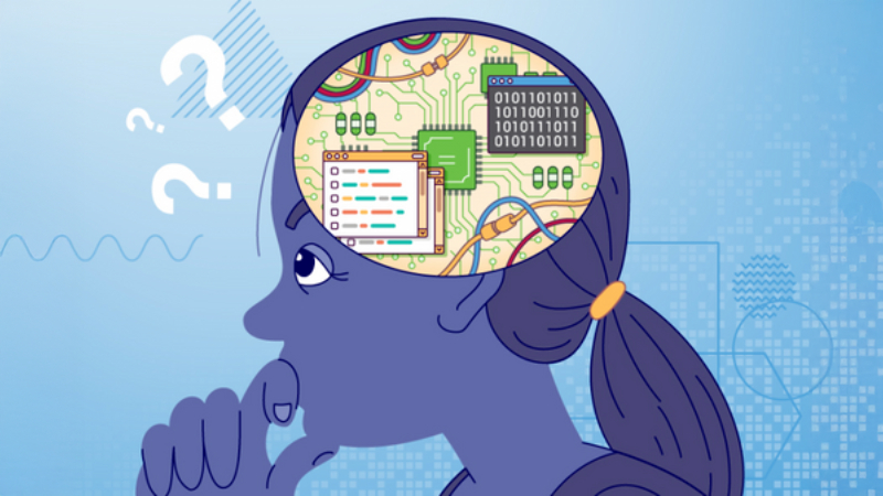 Graphical image of a person with an x-ray view into their head, revealing a computer processing chip and circuit board.
