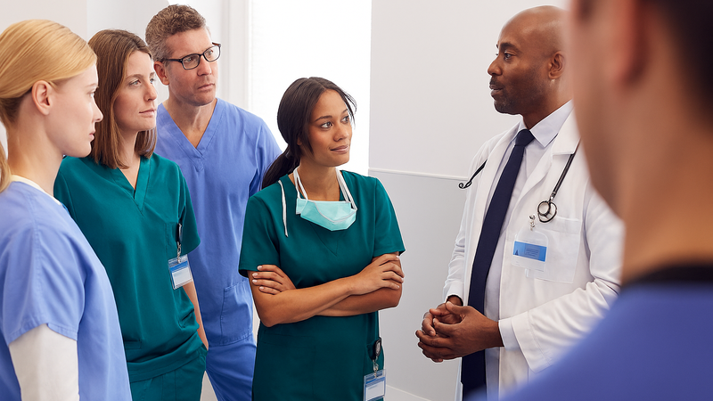 Medical professionals talking during in a circle
